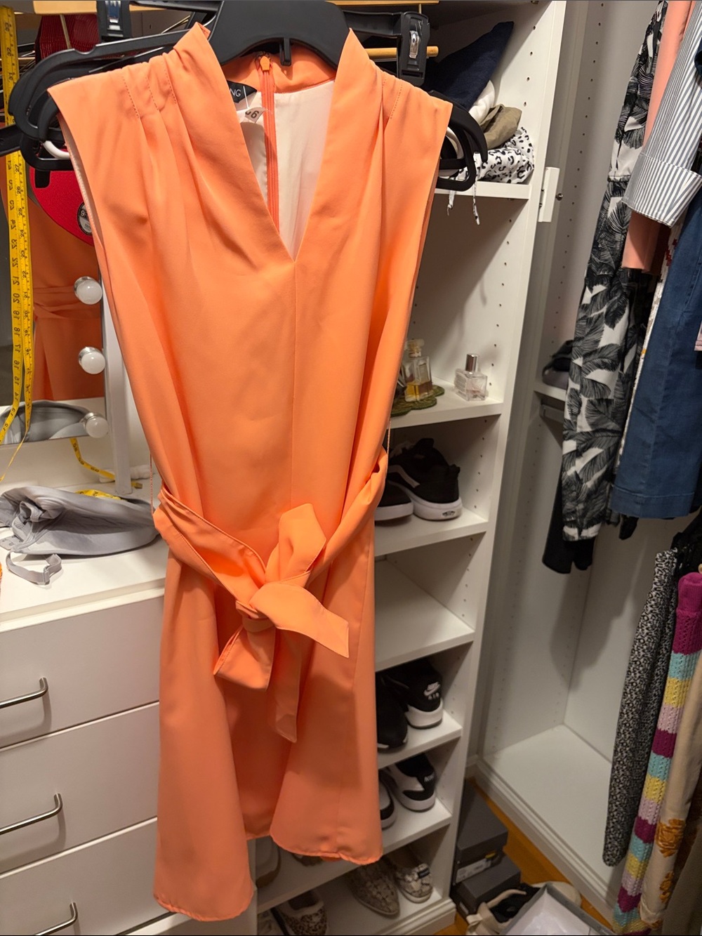 Sleeveless Coral Tie-Waist Dress